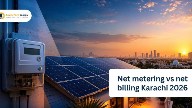 Net metering vs net billing Karachi 2026 — rooftop solar installation and electricity meter